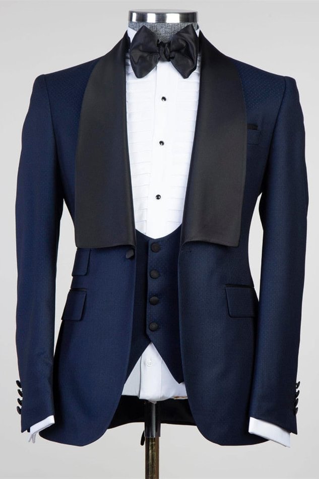 Handsome Three Pieces Navy Blue Men Suits With Shawl Lapel | Ballbellas Ballbellas
