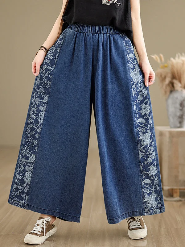 Women's Vintage Floral Printed Stitching Wide-Leg Jeans