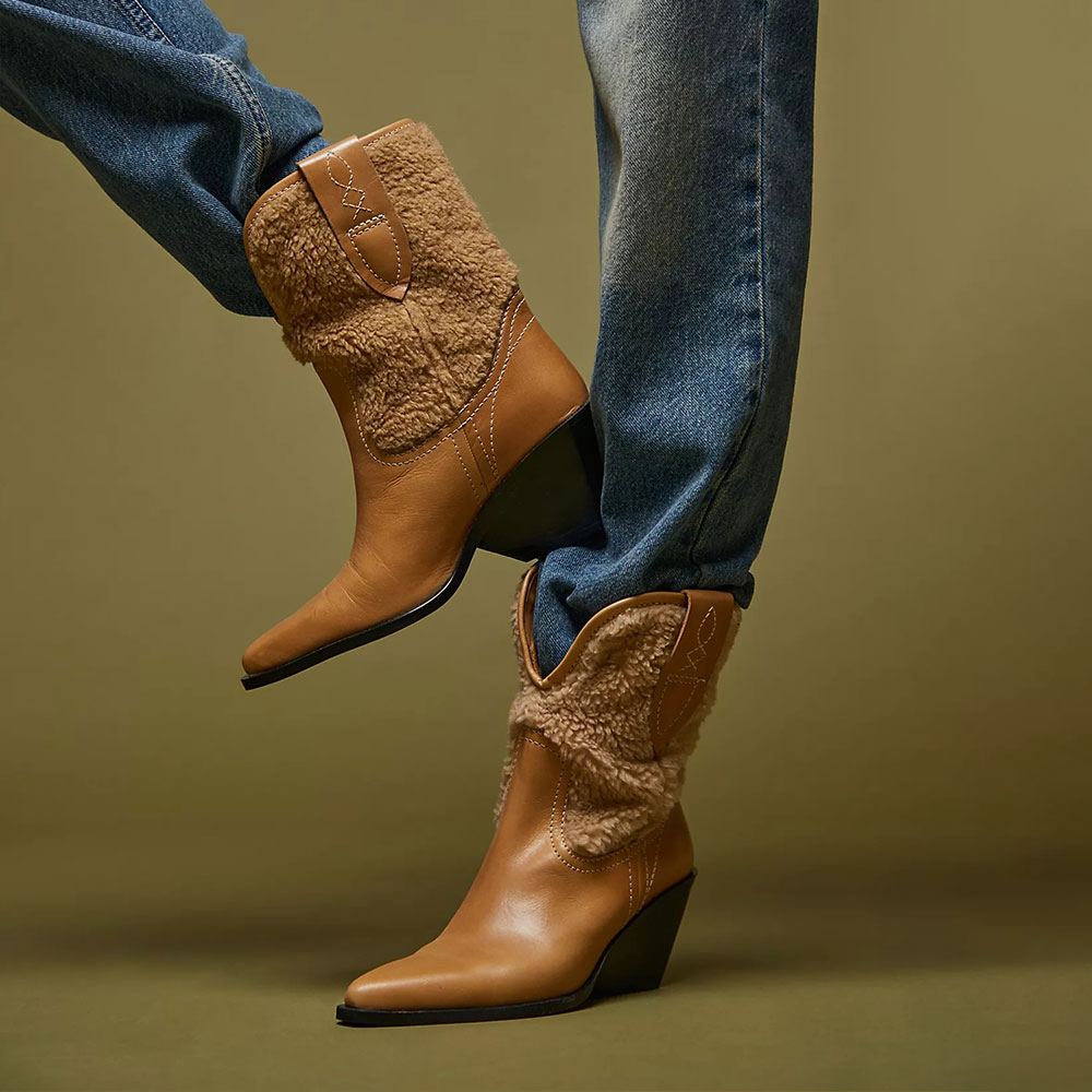Tan Faux Fur Decor Pointed Toe Chunky Heel Mid-Calf Cowgirl Boots Nicepairs