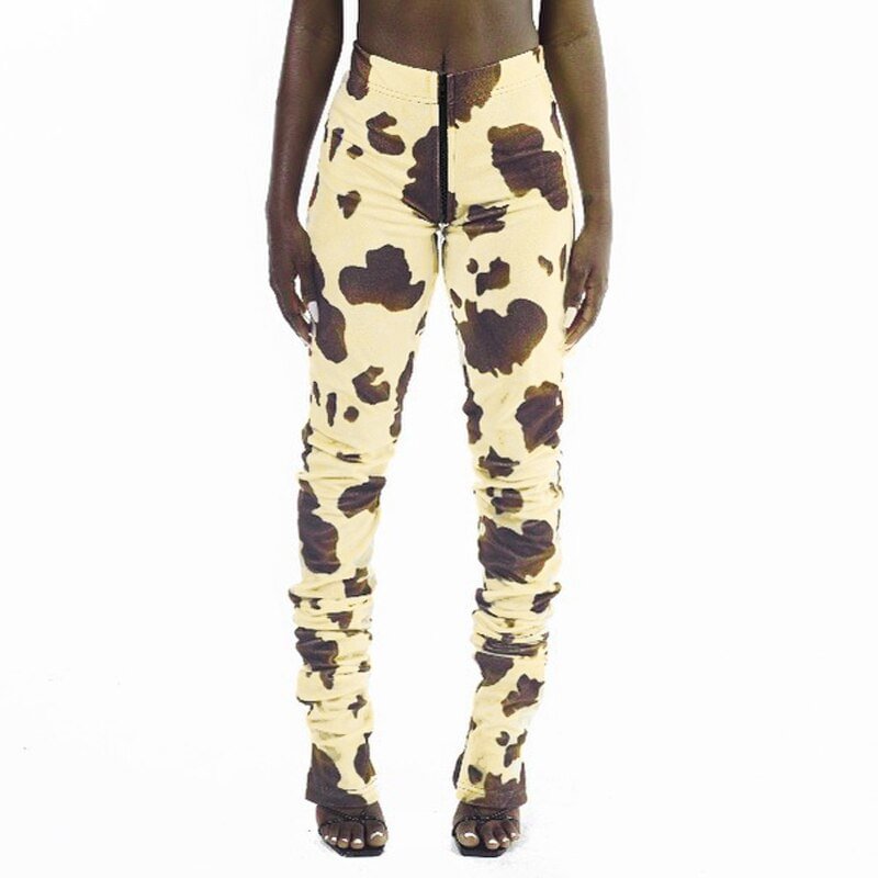 Cow Print Zipper Velvet Women Stacked Pants High Waist Fashion Street Style Slim Bodycon 2020 Autumn Long Trousers Hot