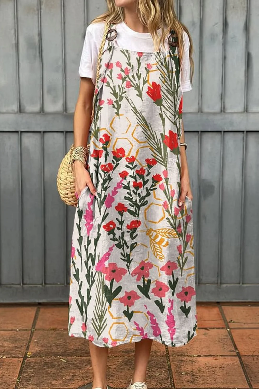 Women's Vintage Floral Art Print Cotton Pocket Suspender Dress