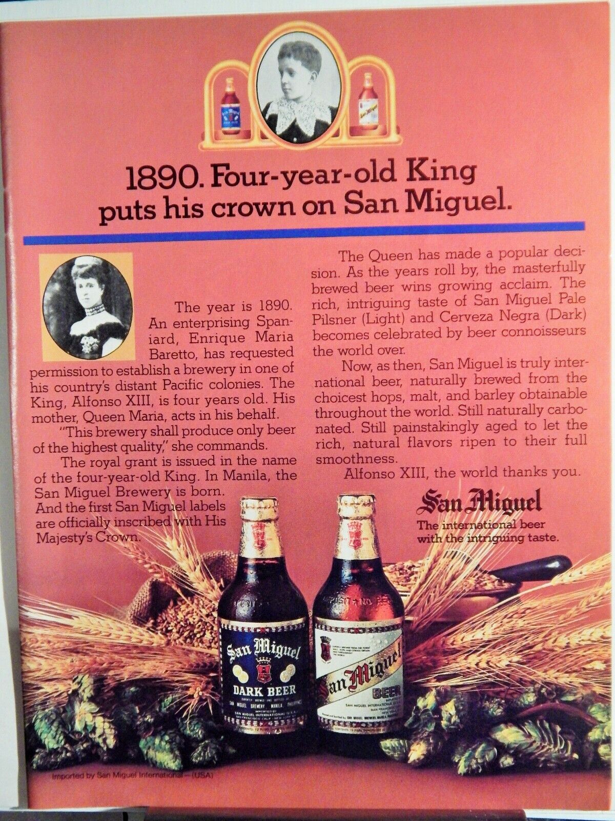 SAN MIGUEL BEER / OLD BUSHMILLS IRISH WHISKEY ORIG. VTG 1977 Photo Poster painting AD,