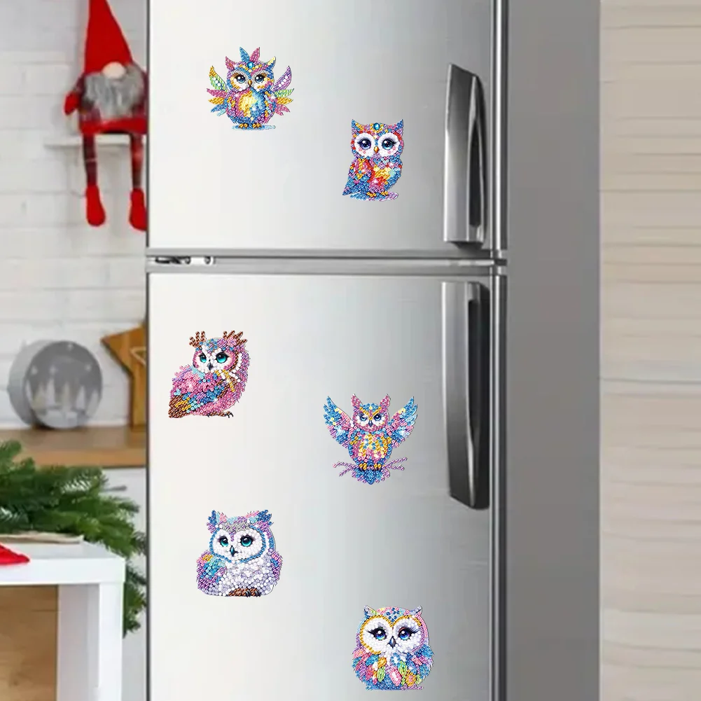 6Pcs DIY Owl Acrylic Special Shape Fridge Stickers Diamond Painting Fridge Magnet
