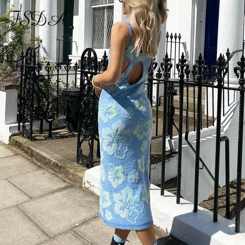 2022 Print Knit Bodycon Dress Women Green Summer Hollow Out Sexy Sleeveless Spaghetti Strap Beach Midi Dresses Party