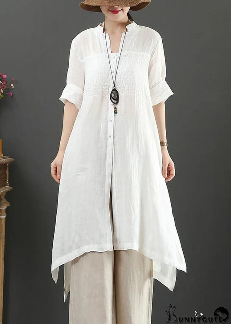Bohemian white linen crane tops v neck tunic summer blouses