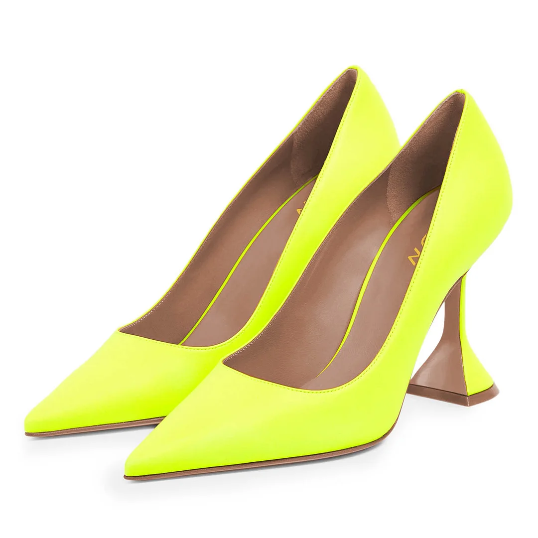 Women's Eye-Catching Yellow Vegan Leather Pointed Toe Pumps Heels