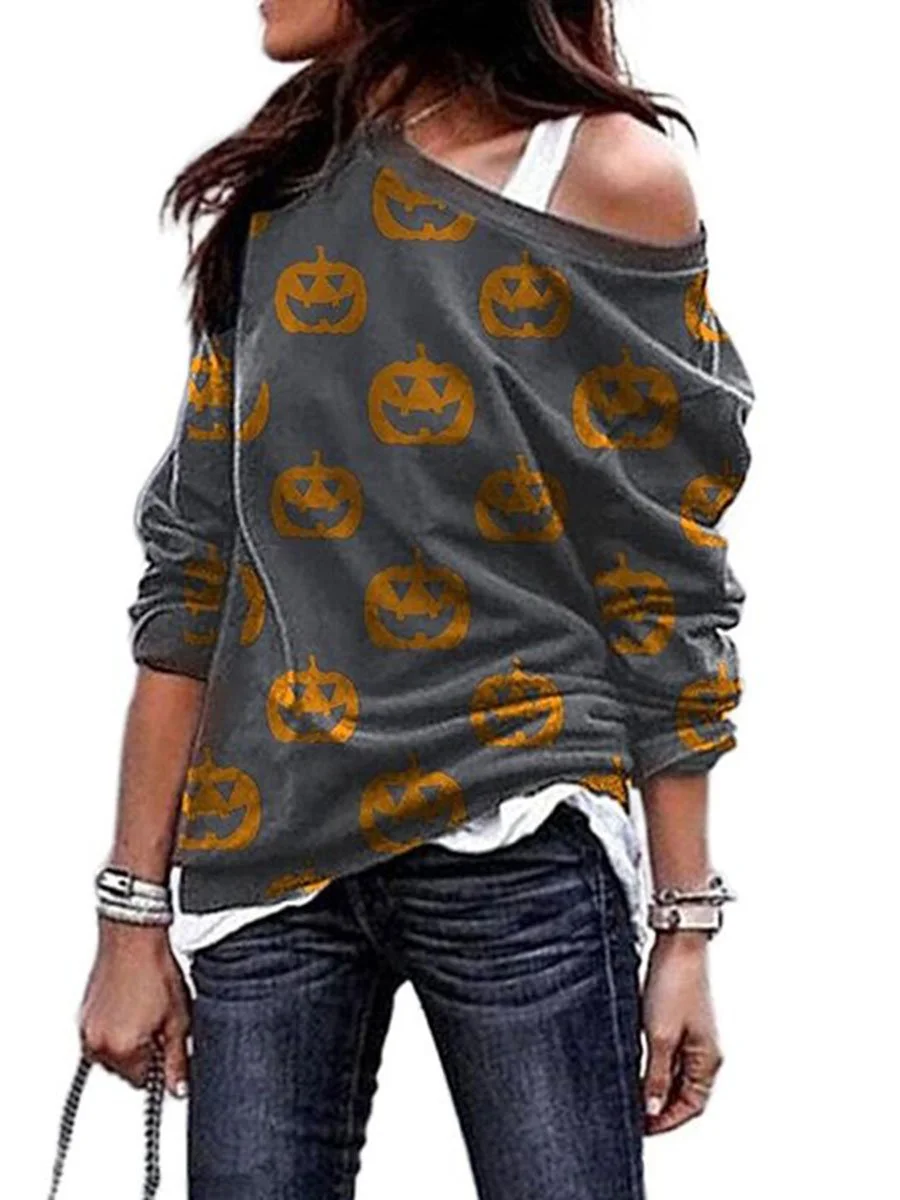 Halloween Hoodies Pumpkin Bat Print O-Neck Loose Pullover Hoodies