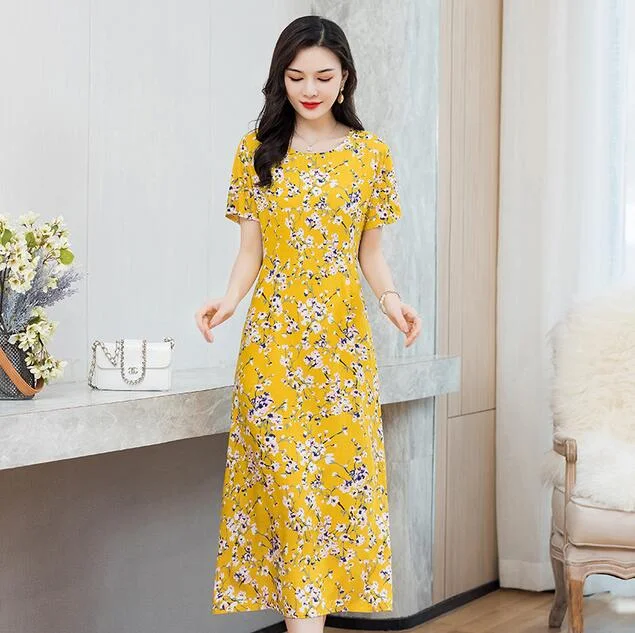 Women Summer Dress Plus Size 5XL Loose Middle-aged Mother Casual Short Sleeve Long Dress O-Neck Floral Print Cotton Dresses