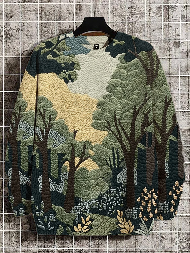 Men's Forest Botanical Embroidery Print Casual Sweatshirt