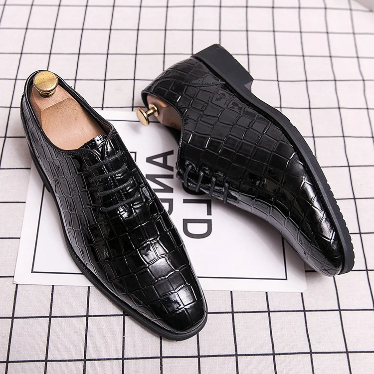 Men's Casual Business Plaid Lace Up PU Leather Dress Shoes