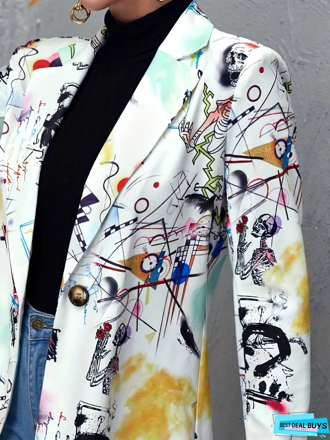 Graphic & Art Print Blazer, Casual Long Sleeve Blazer For Spring & Fall, Women's Clothing