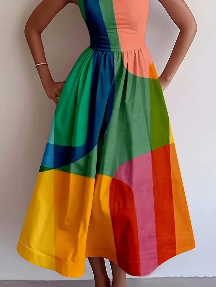 Women's Vibrant Tie-Dye Sleeveless Dress - Color Block Print, Ruched Waist & A-Line Silhouette, Machine Washable Summer Beach Vacation Dress For Adults, Beach Dresses, Nontransparent Fabric