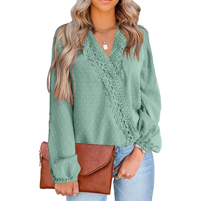 Loose Blouses For Women Fashion Lace Patchwork V Neck Long Sleeve Office Work Shirts Tops Lady Oversized Casual Chiffon Blouse