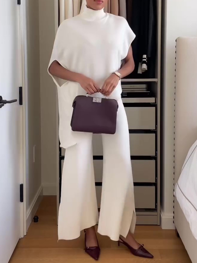 Mature Women High Collar Irregular Hem Top & Slit Pants Suit