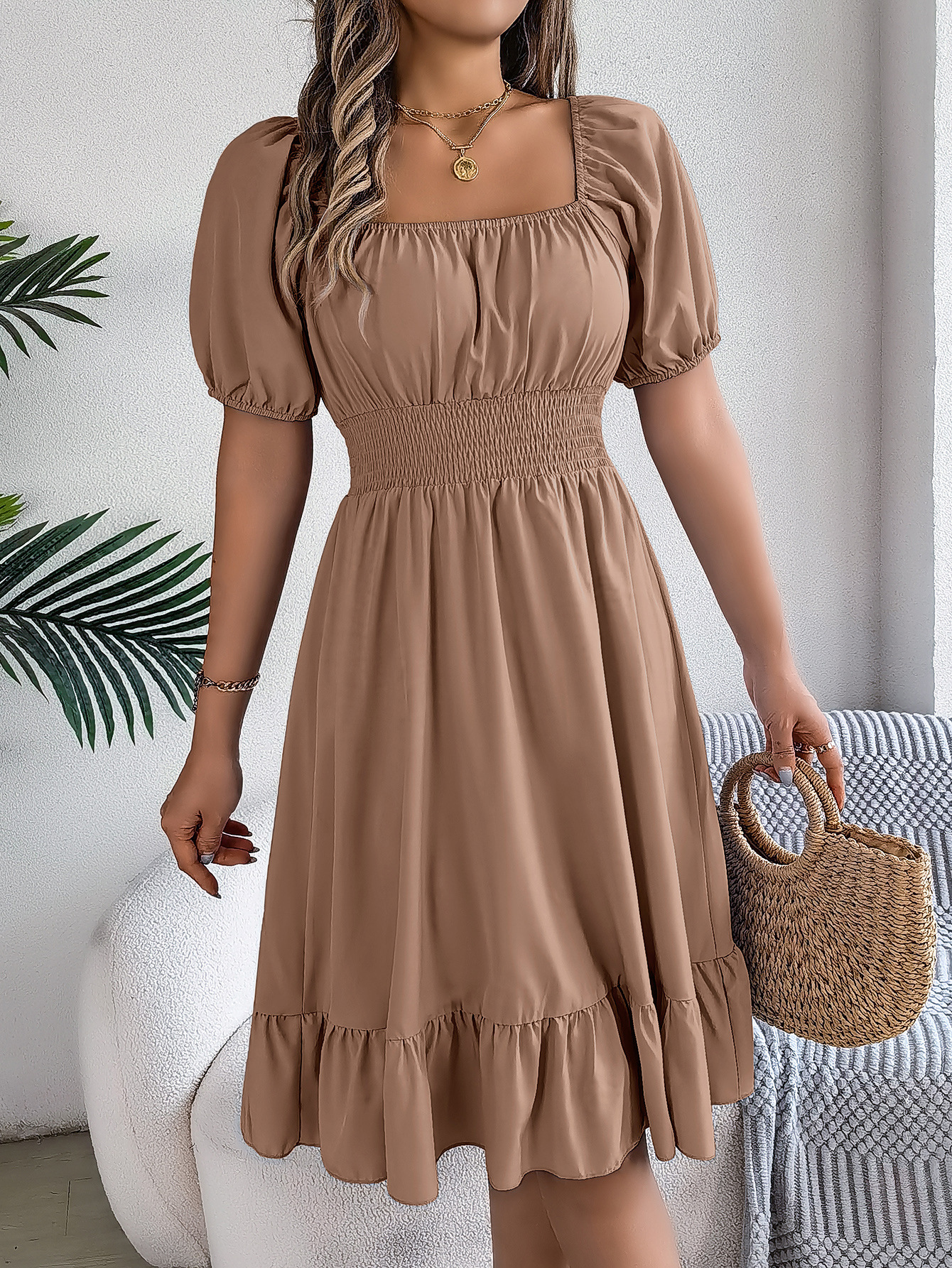 Repotas Elegant Women Spring Summer Mini Dress Puff Sleeve A Line Vestidos Square Neck Tie Waist Ruched Casual Solid Party Short Dresses