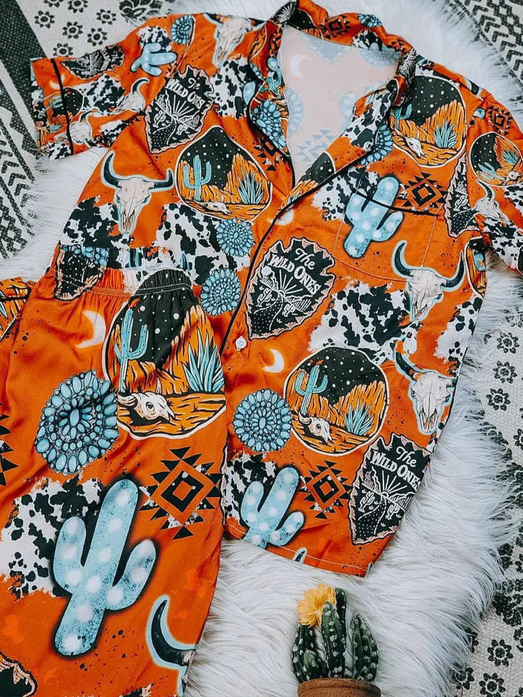 Orange Casual Turquoise& Cow Texture& Bull Print Pajama Set
