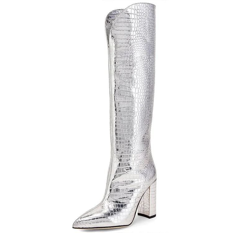 Silver Chunky Heel Croco Embossed Pointed Toe Knee High Boots |FSJ Shoes