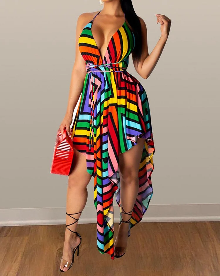 Irregular Dress With Sling Print