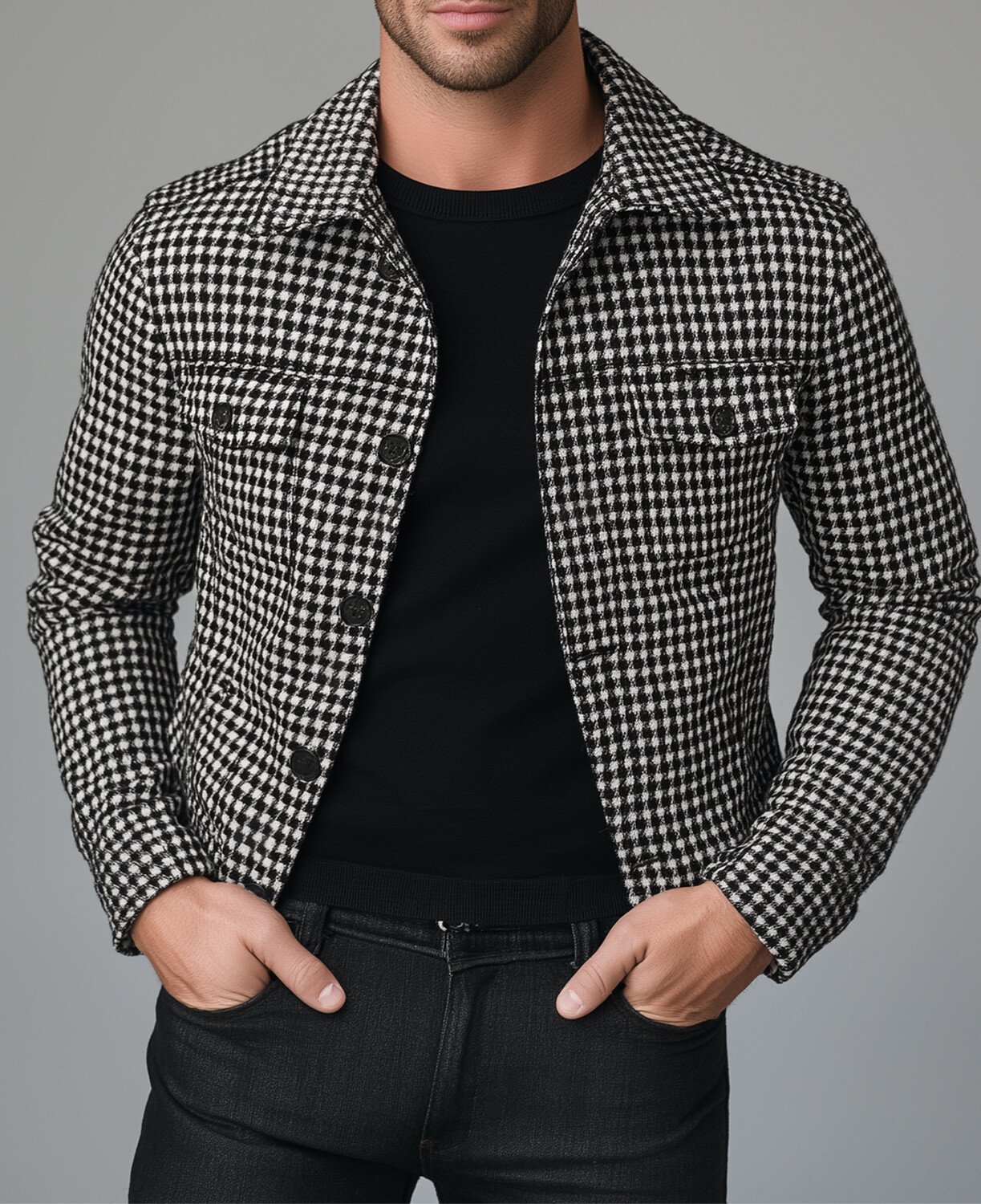 Okaywear Houndstooth Tweed Turndown Collar Button Long Sleeve Jacket