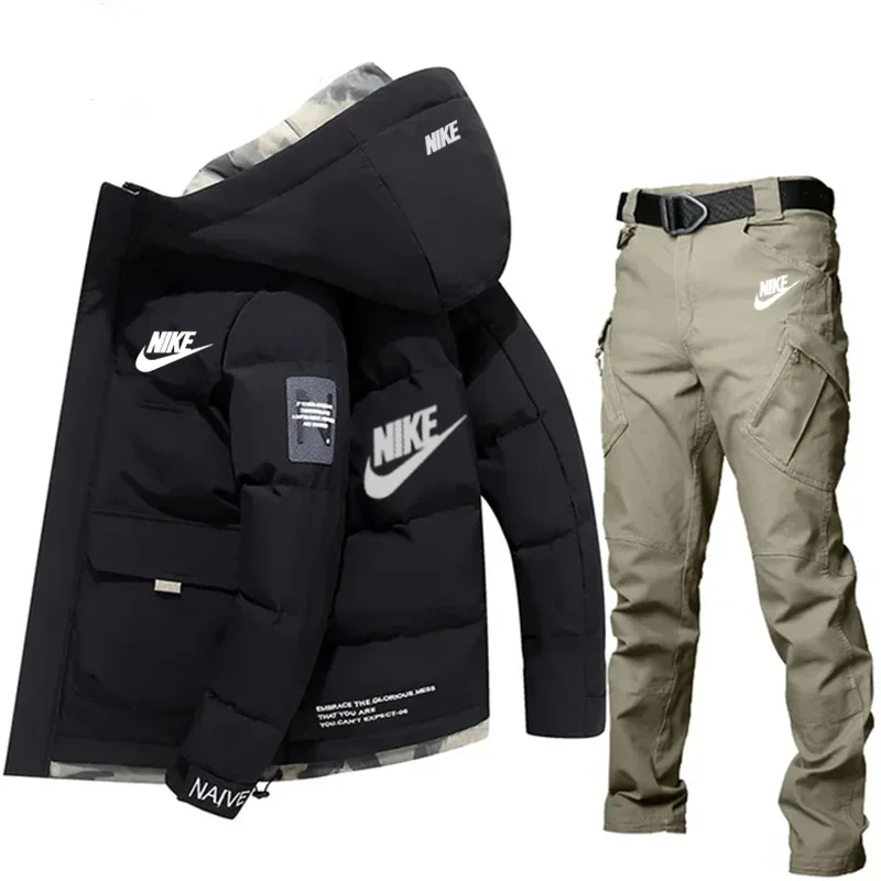 Pánská zimní móda Módní zesílená sportovní bunda Taktické kalhoty Oblek