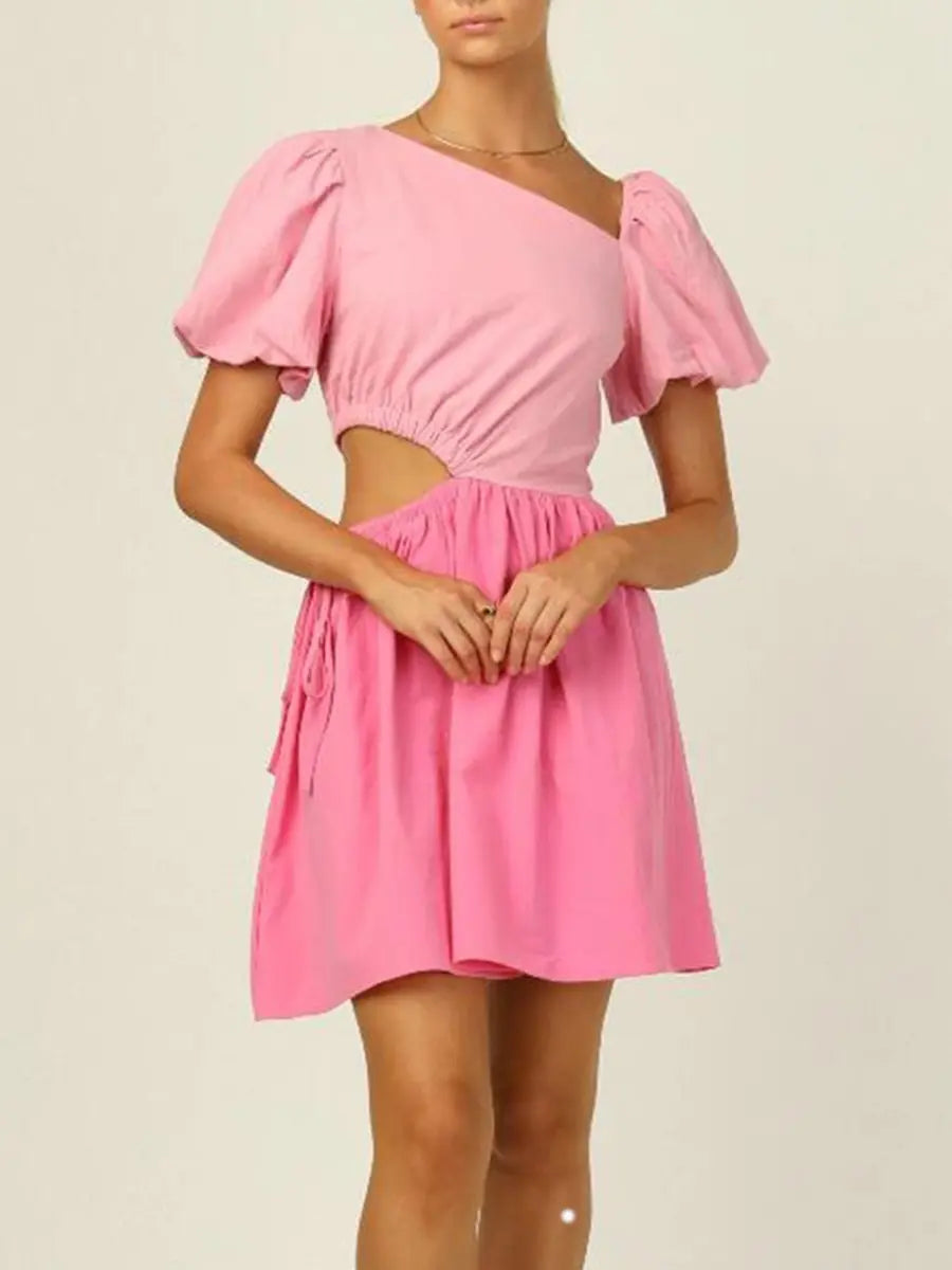 Asymmetrical Neck Puff Sleeve Hollow Out Short Dress
