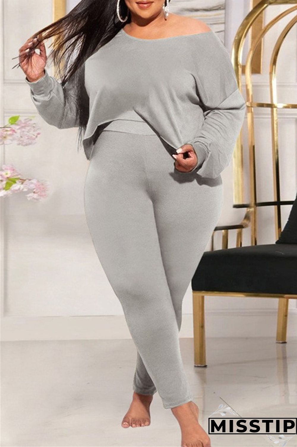 Grey Casual Solid Patchwork O Neck Plus Size Two Pieces