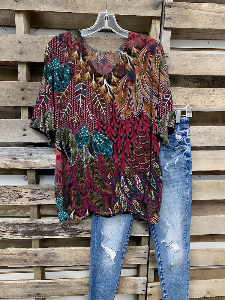 Women's Fashion Multi-color Art Style Feather Print Half-sleeve T-shirt