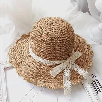 Women's Straw Hat Big Brim Foldable Lace Bowknot Sun Protection Beach Hat