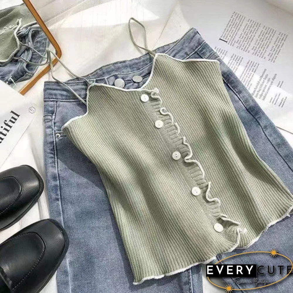Pearl Diary Women Spaghetti Strap Knitted Tops Summer Ruffle Camis Top With Front Buttons Solid Color Basic Knitted Cute Tops