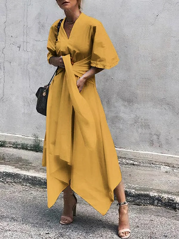 Irregular Clipping Lace-Up Flared Sleeves Midi Dresses