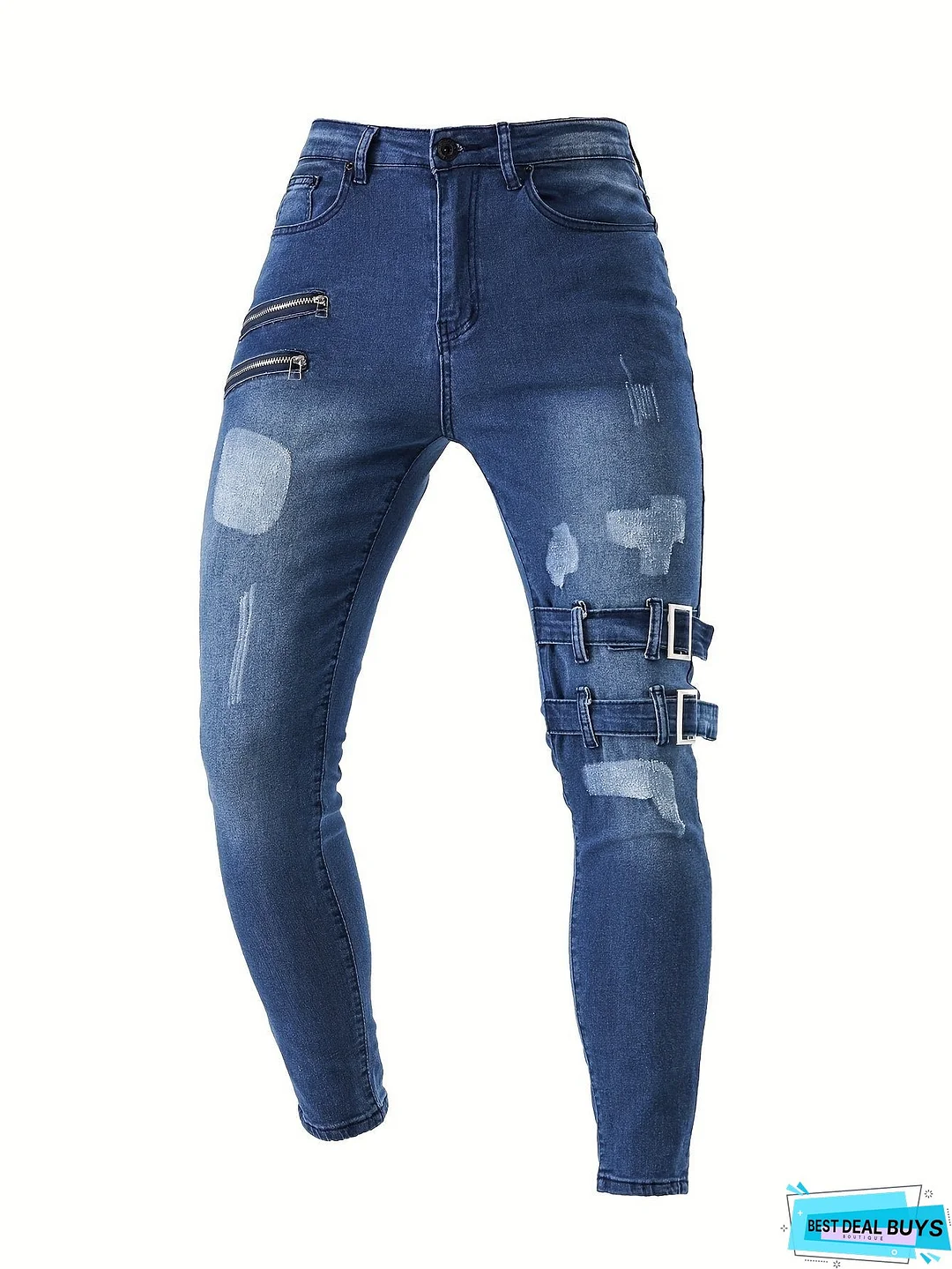 Men's Chic Skinny Biker Jeans, Casual Street Style Medium Stretch Denim Pants