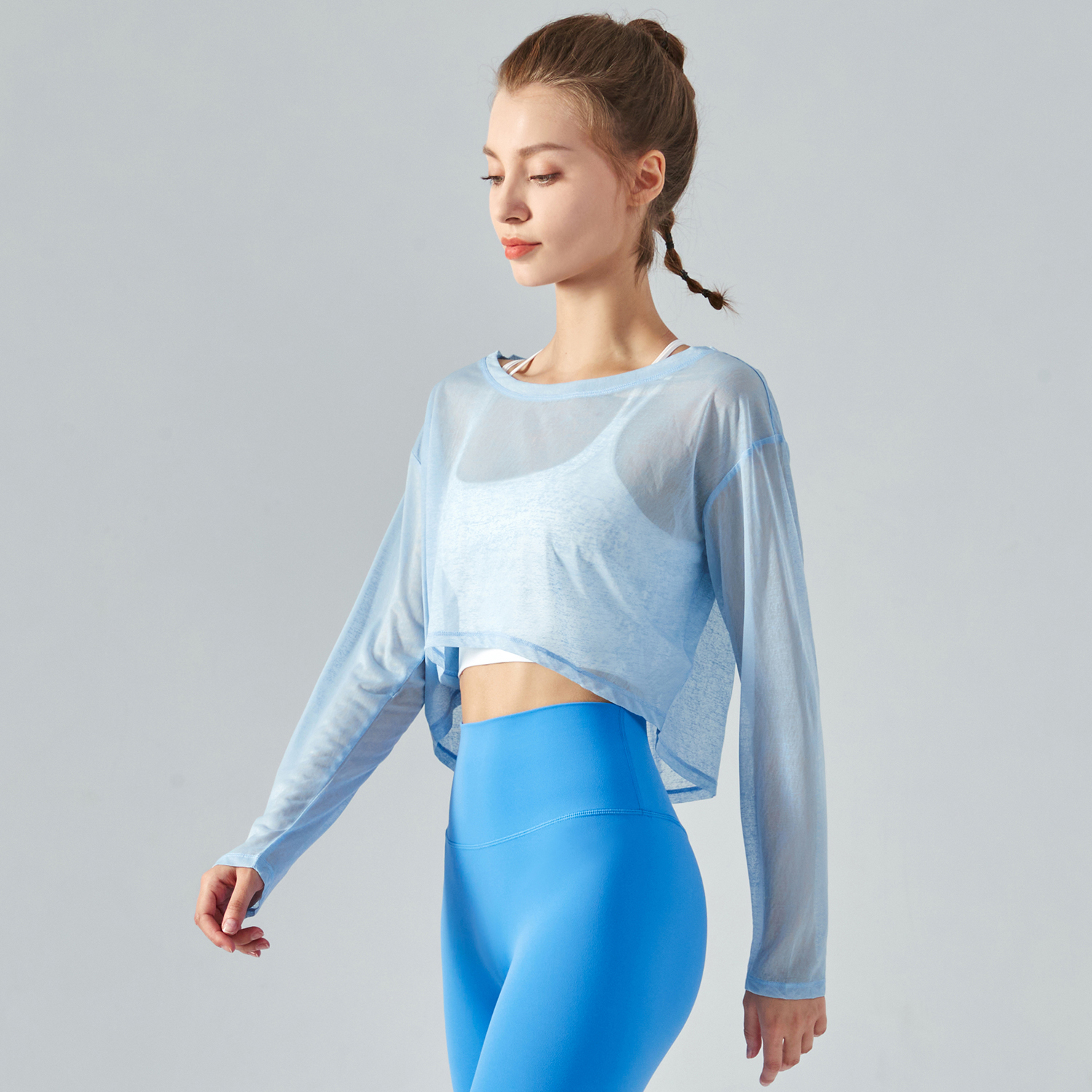 Buy Sky Blue moth yarn antistatic yoga smock see through gym t-shirt of high quality on Hergymclothing