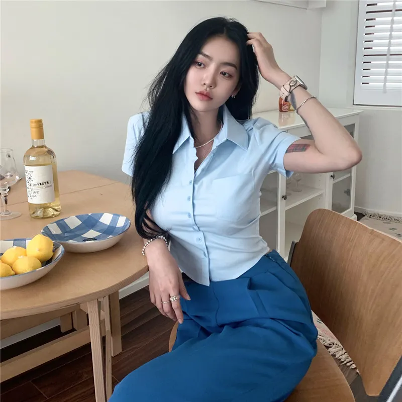 Brownm Brownm Summer Pure Desire To Collect Waist Sexy Hot Girl Shirt Short Sleeve Chic Top White Short Style Slim Shirt Female Tide