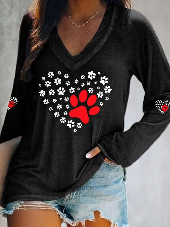 Women's Dog Paw Heart Dog Lovers Casual Long-Sleeve V-Neck T-Shirt