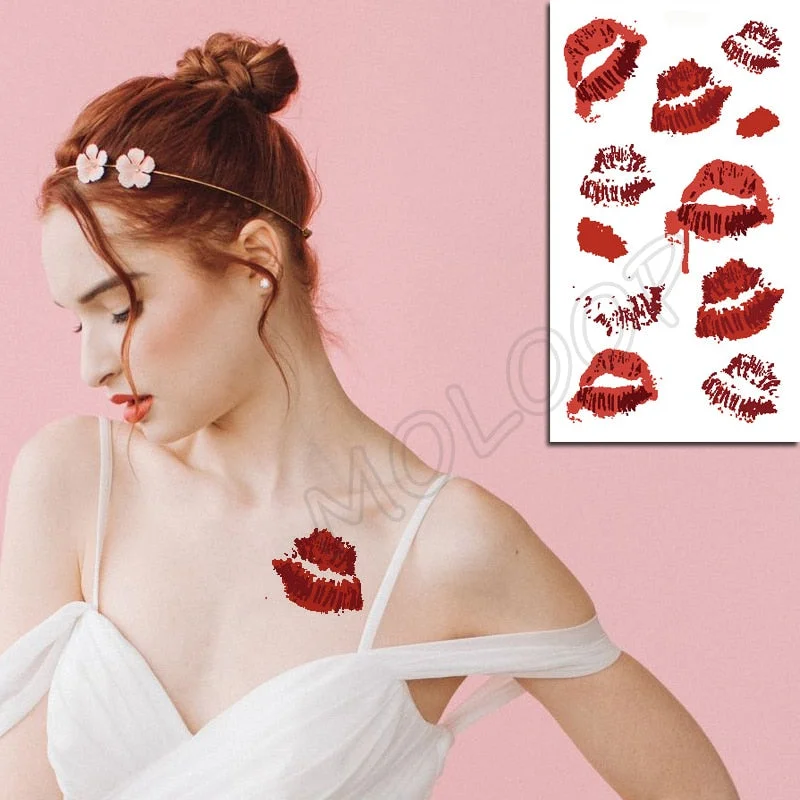 Water Transfer Tattoo Sexy Red Lips Print Tattoo Body Art Waterproof Temporary Fake Flash Tattoo for Man Woman Kid 10.5*6cm