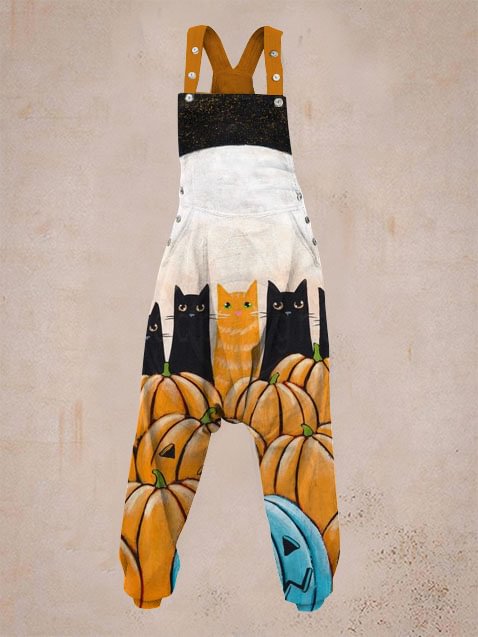 Women's Halloween Pumpkin and Cute Cat Print Harlan Jumpsuit