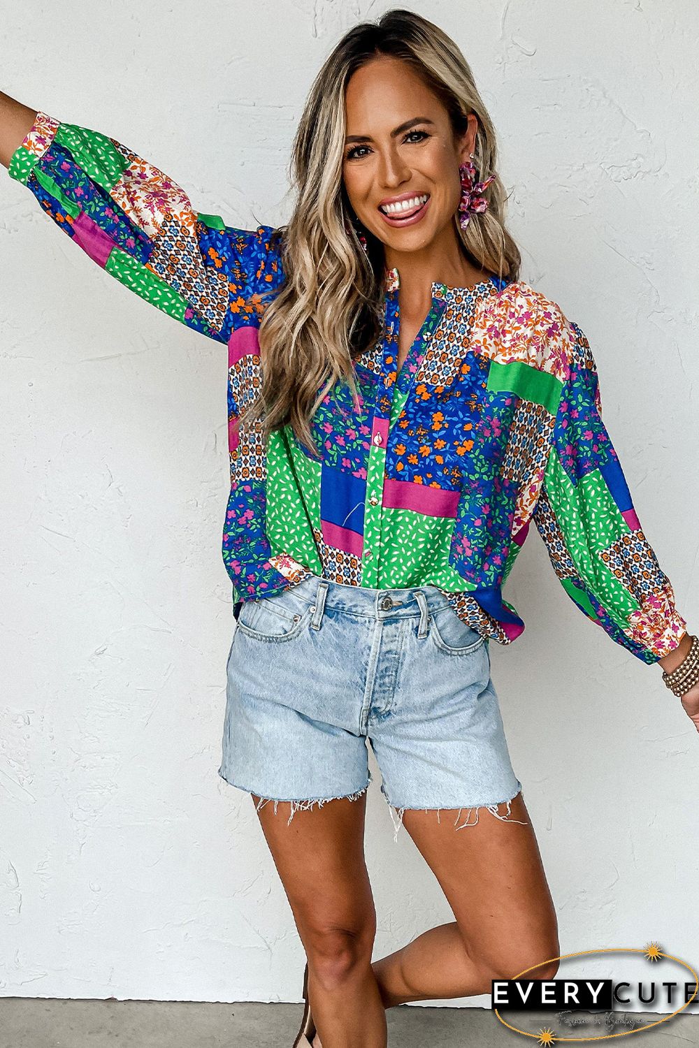 Multicolor Floral Patchwork Print Buttoned Puff Sleeve Shirt