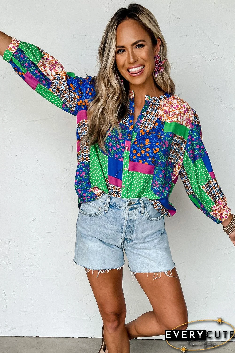 Multicolor Floral Patchwork Print Buttoned Puff Sleeve Shirt