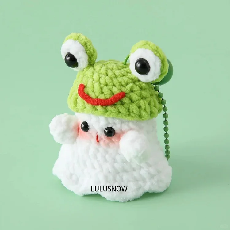Lulusnow Handmade Green Halloween Amigurumi Ghost Frog Hat  Crochet Key Chain Bag Accessories