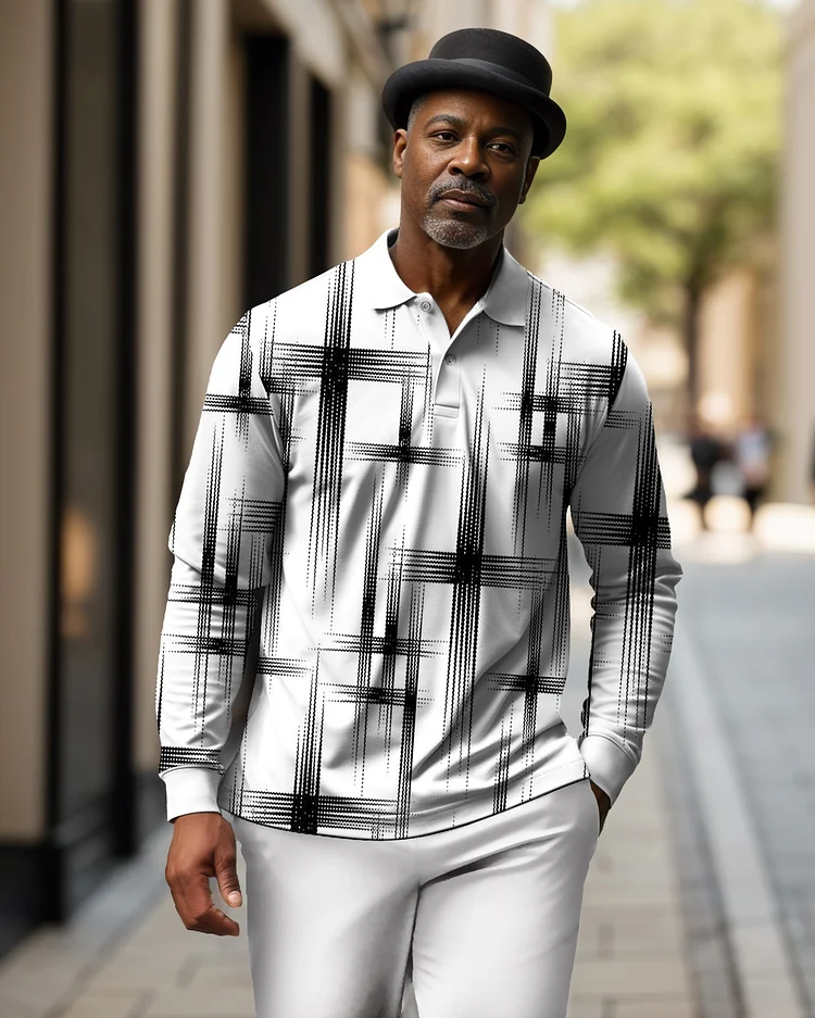 Men's Geometric Plaid Casual Colorblock POLO Shirt Trousers Set 023