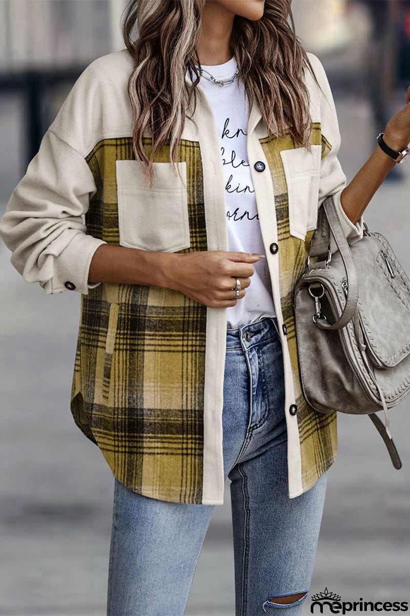 Street Plaid Patchwork Pocket Turndown Collar Blouses(3 Colors)