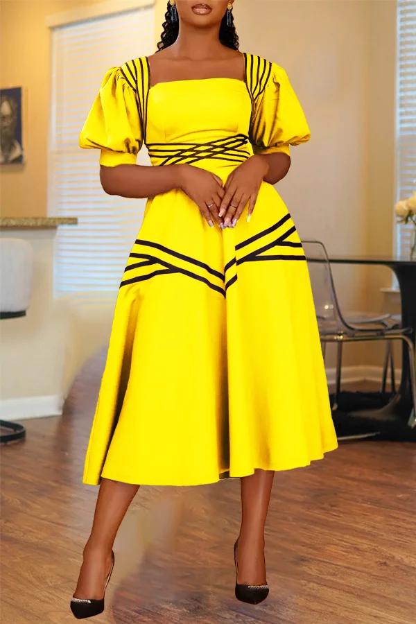 Stylish Two Tone Puff Sleeve Midi Dress