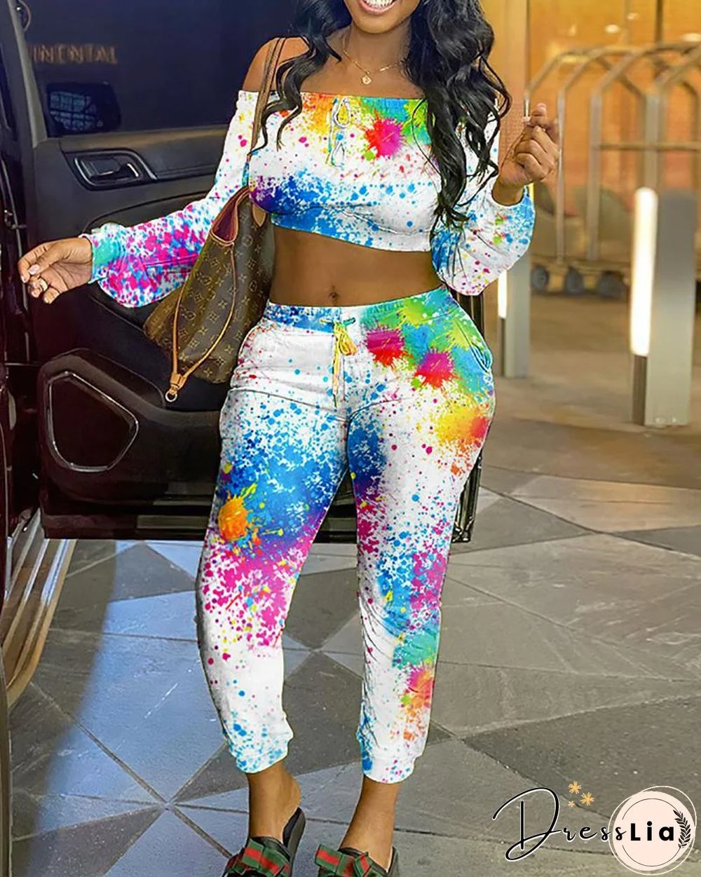 Off Shoulder Ink Splash Print Crop Top & Drawstring Pants Set