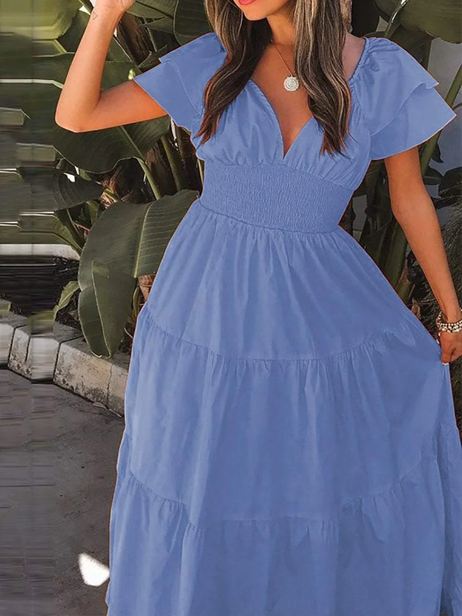 V-neck short-sleeved A-line dress