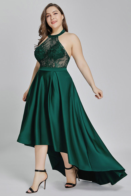 Green Halter Evening Gowns Lace HiLo Plus Size Prom Dresses