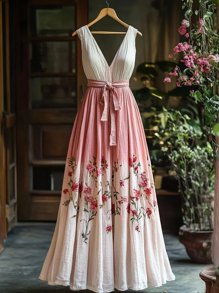 Floral Embroidered Pink Gradient Linen Maxi Dress
