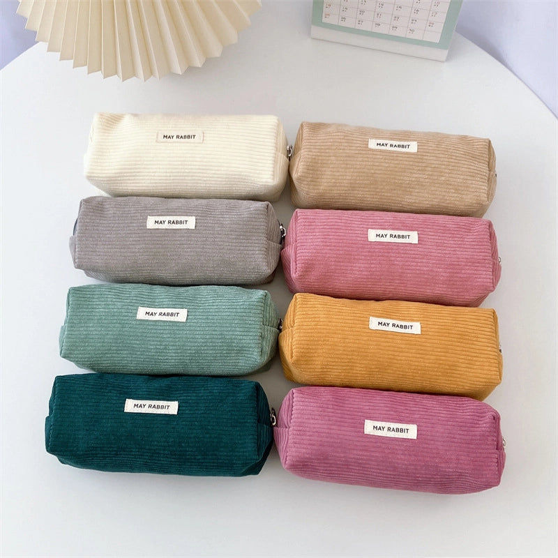 MAY RABBIT Solid Color Corduroy Pencil Case Artistic Simple High School Student Storage Bag Large Capacity Stationery Bag Fashion