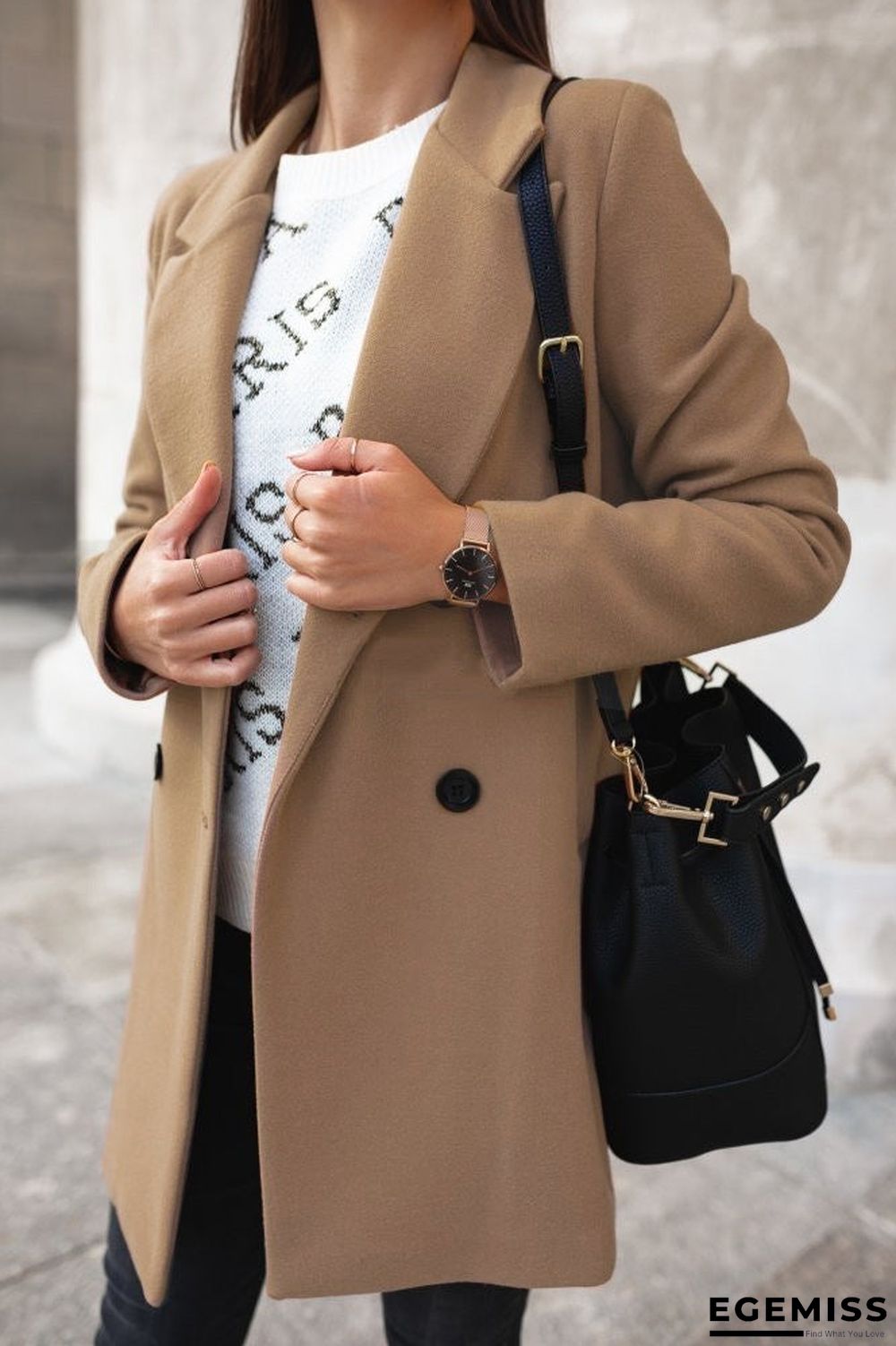 Autumn and Winter Solid Color Long Sleeve Double-row Button Suit Collar Woolen Coat Women | EGEMISS