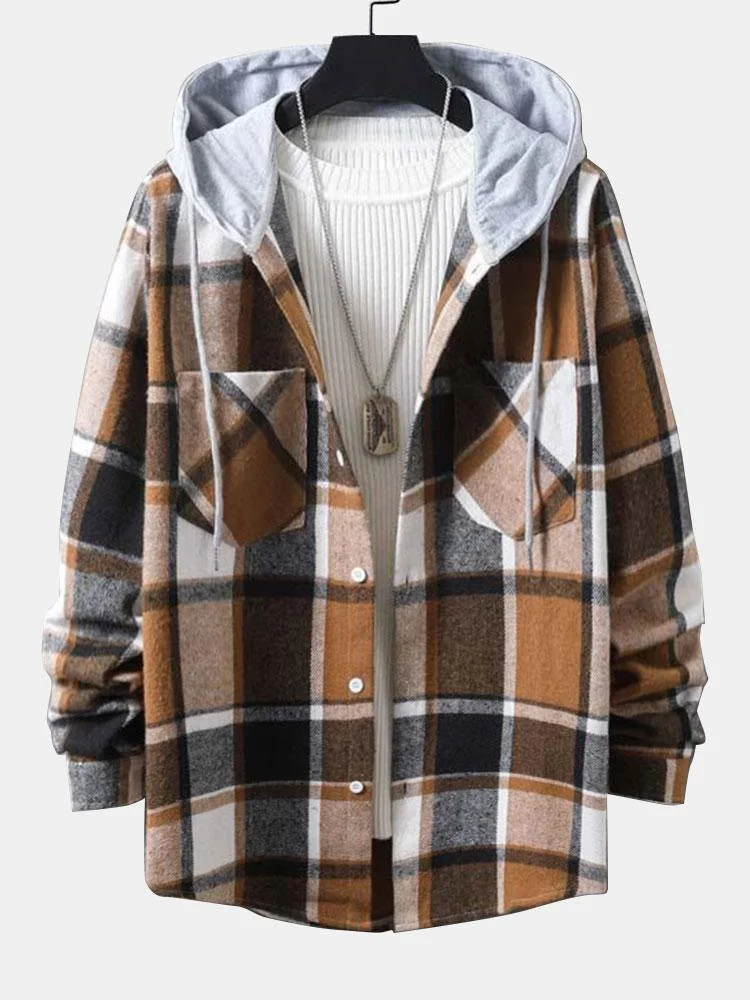 Men‘s Long Sleeve Hooded Flannel Plaid Overshirt