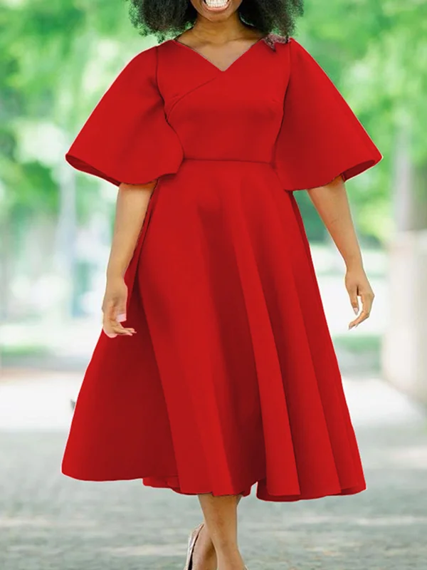 Solid Color Flared Sleeves High Waisted V-neck Midi Dresses